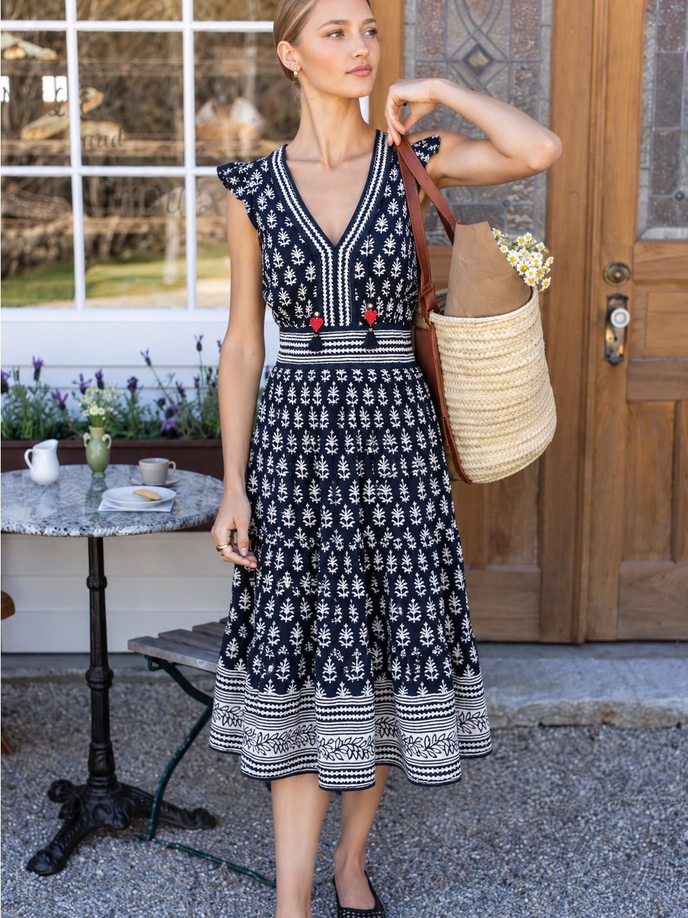 BELL | Lola Cotton/Silk Voile Tiered Midi Dress in Navy Print, Size Small